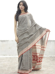 Beige Black Red Hand Block Printed in Cotton Mul Saree - S031702279