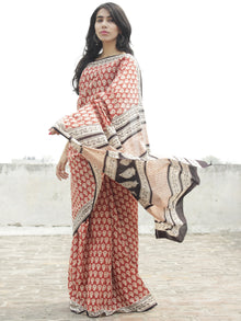Brick Red Black Beige Hand Block Printed in Natural Colors Cotton Mul Saree - S031702280