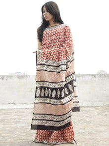 Brick Red Black Beige Hand Block Printed in Natural Colors Cotton Mul Saree - S031702280