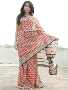 Brick Red Black Beige Hand Block Printed in Natural Colors Cotton Mul Saree - S031702280