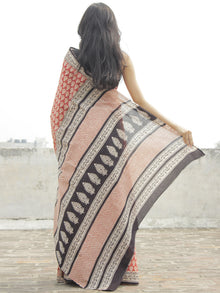Brick Red Black Beige Hand Block Printed in Natural Colors Cotton Mul Saree - S031702280