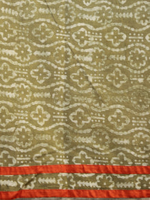 Olive Green Black Ivory Hand Block Printed & Thread Embroidered Cotton Saree With Orange Border & Tassels - S031702284
