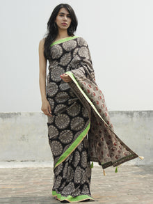 Black Kashish Ivory Hand Block Printed Cotton Saree With Green Border & Tassels - S031702287