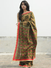 Olive Green Black Maroon Ivory Hand Block Printed Cotton Saree With Red Border & Tassels - S031702290