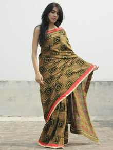 Olive Green Black Maroon Ivory Hand Block Printed Cotton Saree With Red Border & Tassels - S031702290