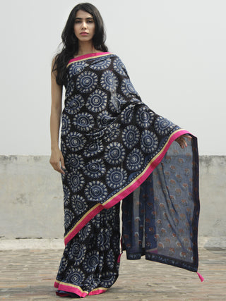 Indigo Black Ivory Hand Block Printed Cotton Saree With Pink Border & Tassels - S031702292