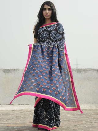 Indigo Black Ivory Hand Block Printed Cotton Saree With Pink Border & Tassels - S031702292
