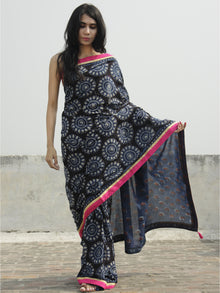 Indigo Black Ivory Hand Block Printed Cotton Saree With Pink Border & Tassels - S031702292