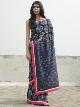 Indigo Black Ivory Hand Block Printed Cotton Saree With Pink Border & Tassels - S031702292