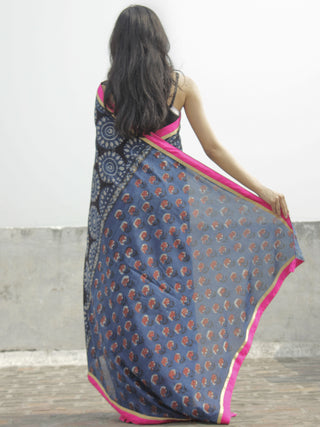 Indigo Black Ivory Hand Block Printed Cotton Saree With Pink Border & Tassels - S031702292