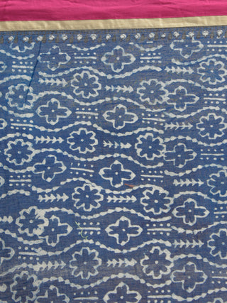 Indigo Black Ivory Hand Block Printed Cotton Saree With Pink Border & Tassels - S031702292