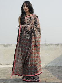 Kashish Black Maroon Hand Block Printed Cotton Saree With Peach Border & Tassels - S031702294