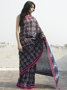 Indigo Ivory Brown Hand Block Printed Cotton Saree With Pink Border & Tassels - S031702297