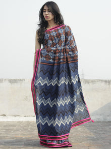 Indigo Ivory Brown Hand Block Printed Cotton Saree With Pink Border & Tassels - S031702297