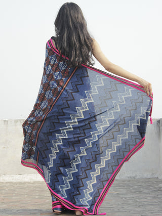 Indigo Ivory Brown Hand Block Printed Cotton Saree With Pink Border & Tassels - S031702297
