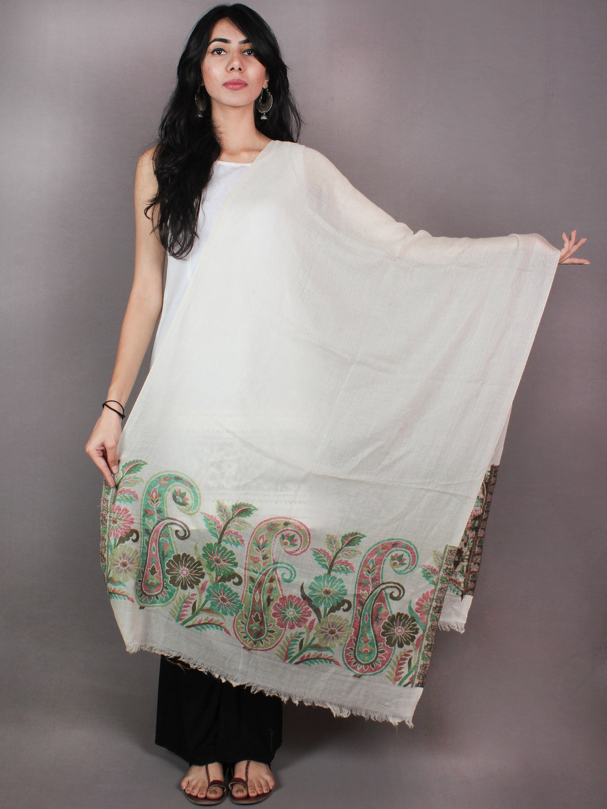 White Green Pure Wool With Palla Border Cashmere Stole from Kashmir - S6317095