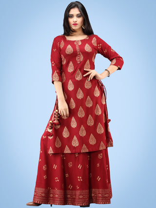 Aalia - Rustic Red Gold Block Print Kurta & Skirt Dress With Tassels - InduBindu Aalia - Rustic Red Gold Block Print Kurta & Skirt Dress With Tassels - InduBindu