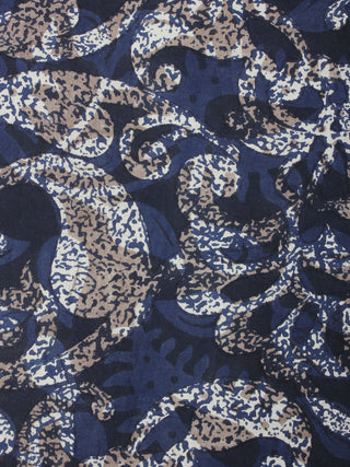 Indigo Beige Brown Hand Block Printed Cotton Cambric Fabric Per Meter - F0916416