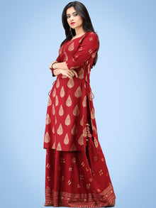 Aalia - Rustic Red Gold Block Print Kurta & Skirt Dress With Tassels - D380FYYY