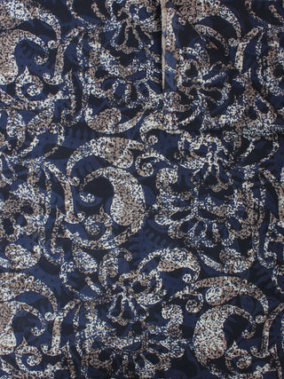 Indigo Beige Brown Hand Block Printed Cotton Cambric Fabric Per Meter - F0916416