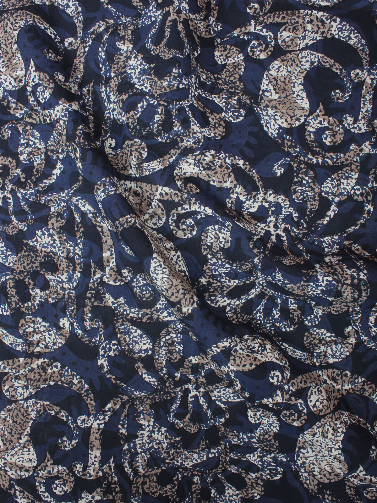Indigo Beige Brown Hand Block Printed Cotton Cambric Fabric Per Meter - F0916416