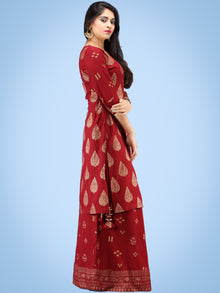 Aalia - Rustic Red Gold Block Print Kurta & Skirt Dress With Tassels - D380FYYY