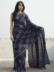 Indigo Rust Black Ivory Hand Block Printed Cotton Saree  - S031702299