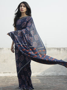 Indigo Rust Black Ivory Hand Block Printed Cotton Saree  - S031702299