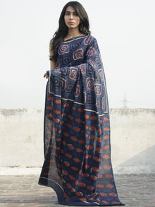 Indigo Rust Black Ivory Hand Block Printed Cotton Saree  - S031702299