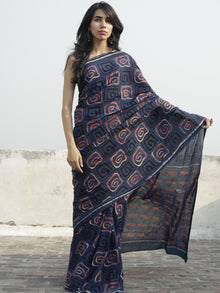 Indigo Rust Black Ivory Hand Block Printed Cotton Saree  - S031702299