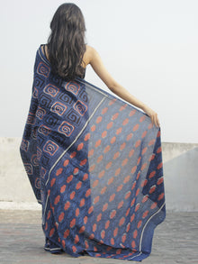 Indigo Rust Black Ivory Hand Block Printed Cotton Saree  - S031702299