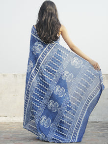 Indigo Ivory Hand Block Printed Cotton Saree In Natural Colors - S031702300