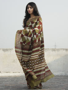 Olive Green Rust Ivory Hand Block Printed Cotton Saree In Natural Colors - S031702304