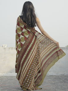 Olive Green Rust Ivory Hand Block Printed Cotton Saree In Natural Colors - S031702304