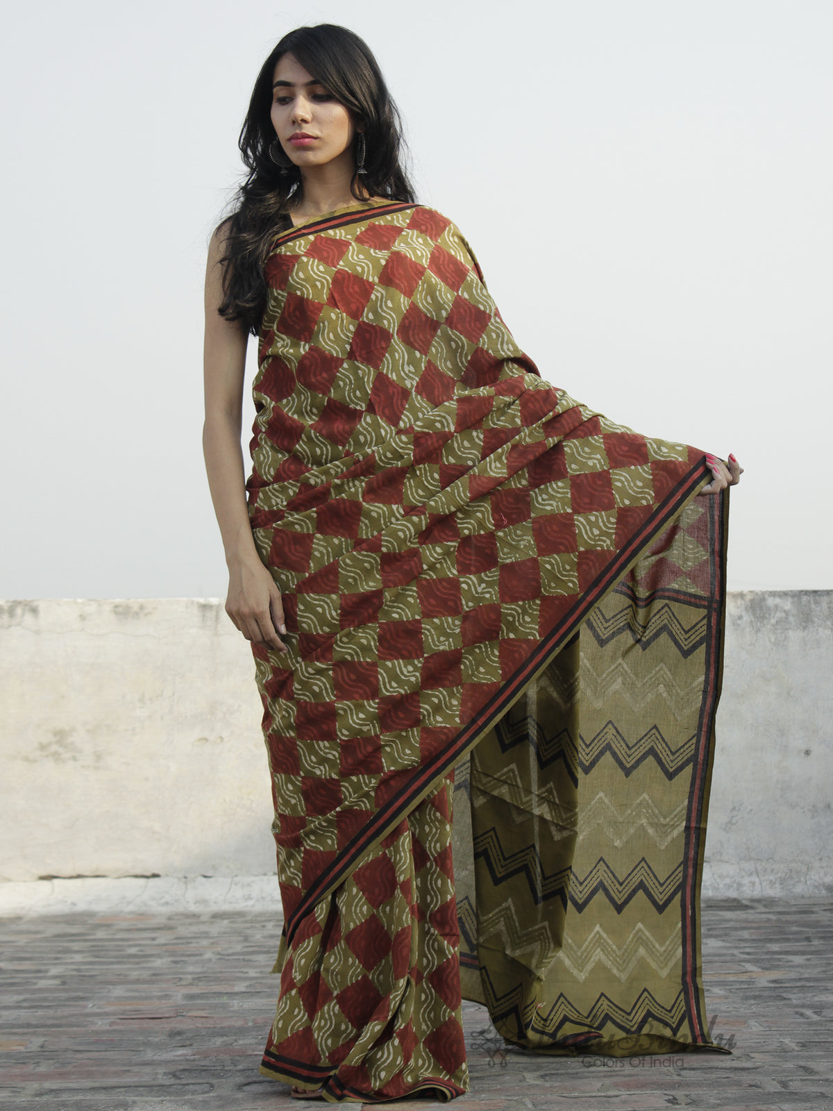 Olive Green Dark Rust Hand Block Printed Cotton Saree In Natural Colors - S031702305