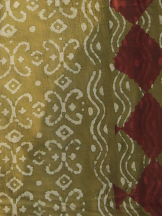 Olive Green Dark Rust Hand Block Printed Cotton Saree In Natural Colors - S031702305