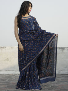 Indigo Rust Black Ivory Hand Block Printed Cotton Saree In Natural Colors - S031702307