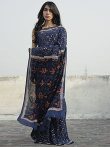 Indigo Rust Black Ivory Hand Block Printed Cotton Saree In Natural Colors - S031702307
