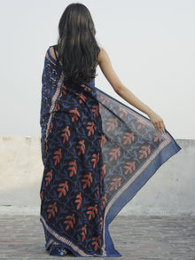 Indigo Rust Black Ivory Hand Block Printed Cotton Saree In Natural Colors - S031702307
