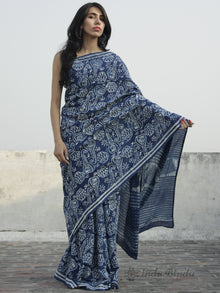 Indigo Ivory Hand Block Printed Cotton Saree In Natural Colors - S031702309