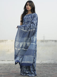 Indigo Ivory Hand Block Printed Cotton Saree In Natural Colors - S031702309