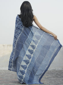 Indigo Ivory Hand Block Printed Cotton Saree In Natural Colors - S031702309