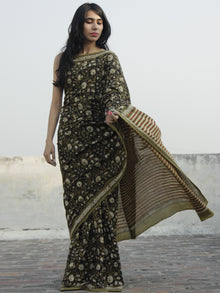 Olive Green Rust Black Ivory Hand Block Printed Cotton Saree In Natural Colors - S031702310