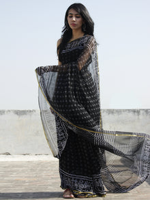 Black White Grey Hand Block Printed Chiffon Saree - S031702321