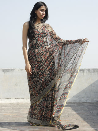 Beige Black Maroon Hand Block Printed Chiffon Saree - S031702327