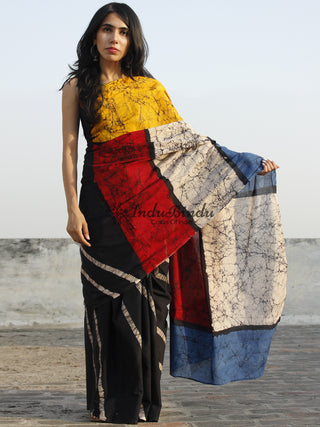 Black Multi Color Hand Batik & Block Printed Cotton Saree - S031702344
