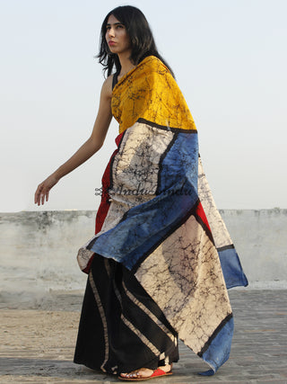 Black Multi Color Hand Batik & Block Printed Cotton Saree - S031702344