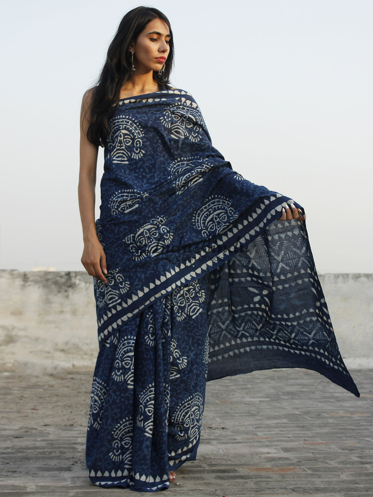 Indigo Ivory Hand Block Printed Cotton Saree In Natural Colors - S031702351