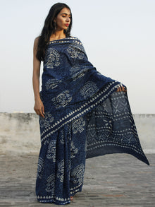 Indigo Ivory Hand Block Printed Cotton Saree In Natural Colors - S031702351