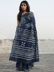 Indigo Ivory Hand Block Printed Cotton Saree In Natural Colors - S031702351